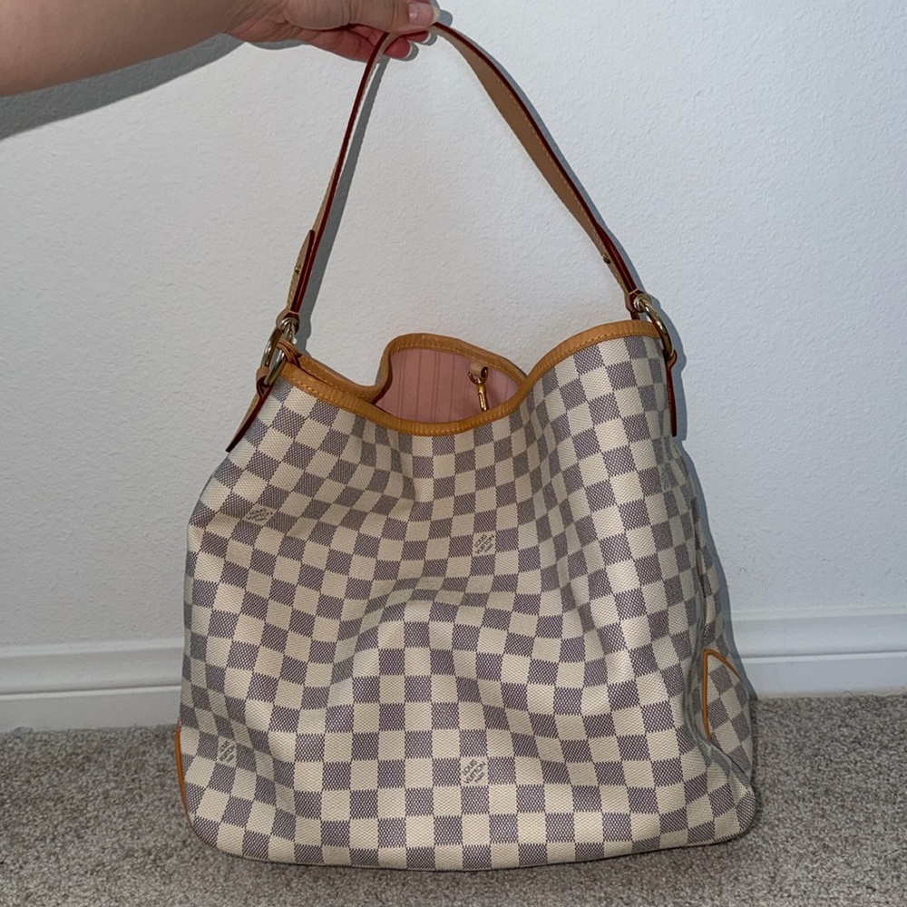 AUTHENTIC LOUIS VUITTON Damier Azur Delightful MM Rose Ballerine
